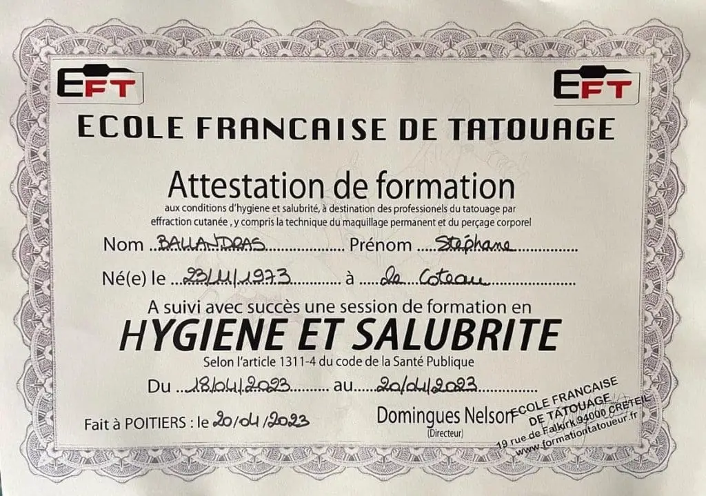 Attestation hygiène et salubrité. Crazy skull tattoo tatoueur à Poitiers.