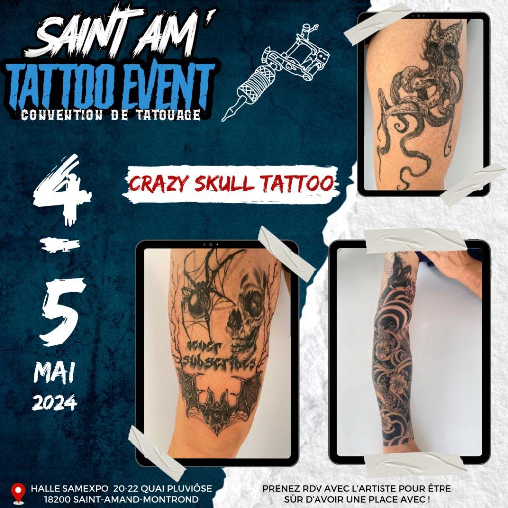 Montage annonçant la présence du tatoueur Crazyskulltattoo à la convention de tatouage de St-Amand Montrond